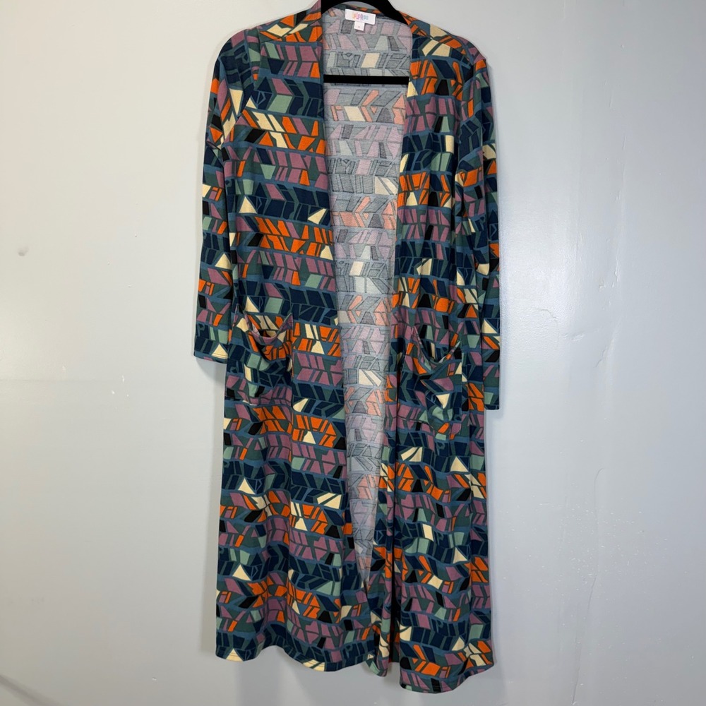 LuLaRoe Sarah Long Cardigan Geometric Abstract Print Blue Orange Small